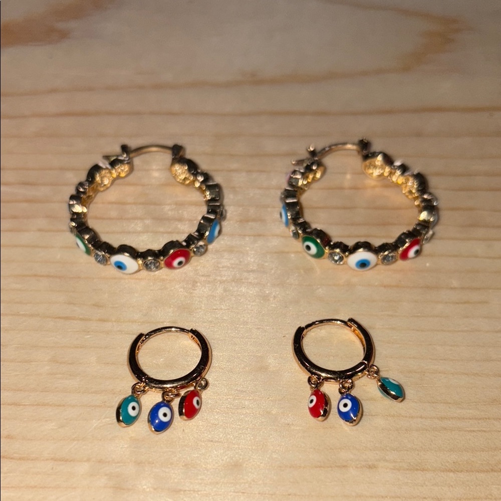 Evil Eye Charm Hoop Earrings Set